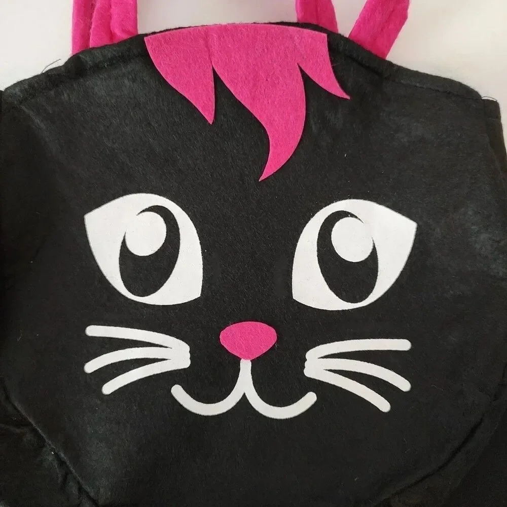 Lot of 2 Novelty Treat Bags Pumpkin Cat Multicolor Silly Face Tote Party Purse